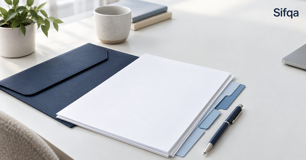 A stack of blank paper with a blue tabbed divider on a white desk, beside a navy document sleeve and a pen.