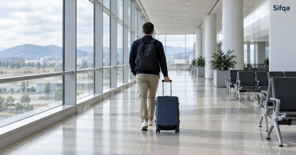 A traveller with a backpack and suitcase walking through a glass-walled airport terminal with hills outside.