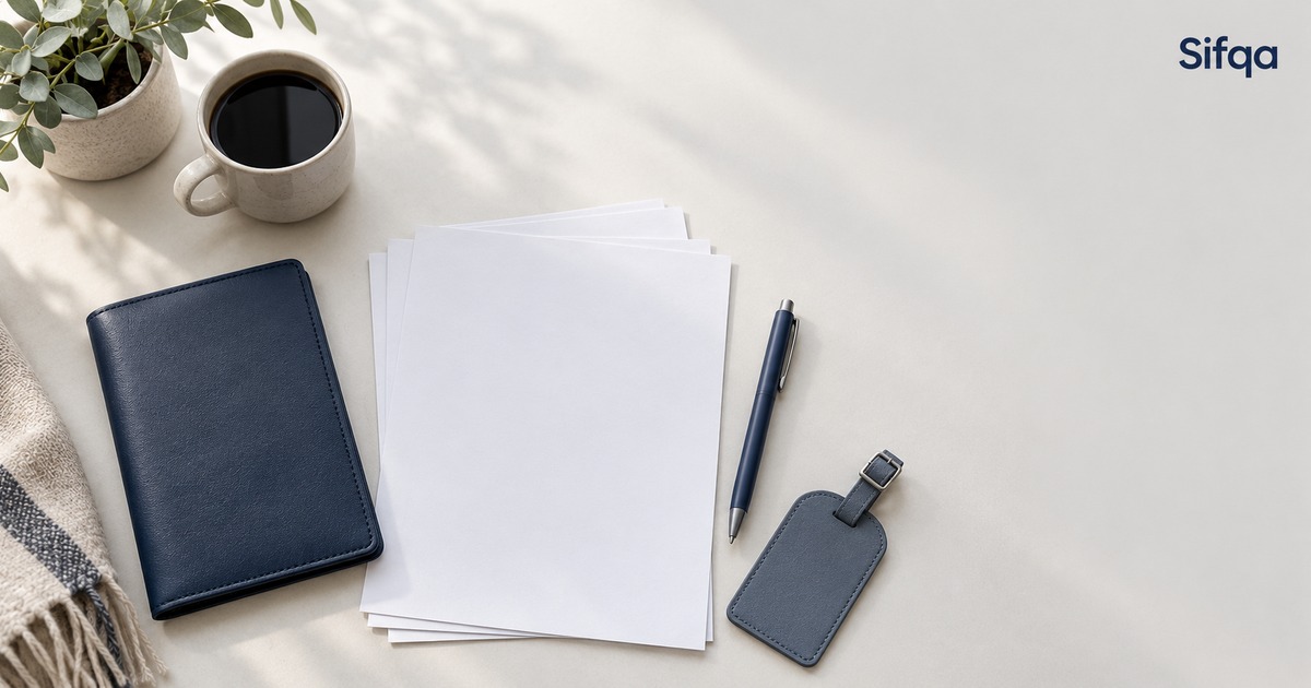 A navy passport wallet, blank sheets of paper, a pen and a luggage tag laid out on a pale surface.