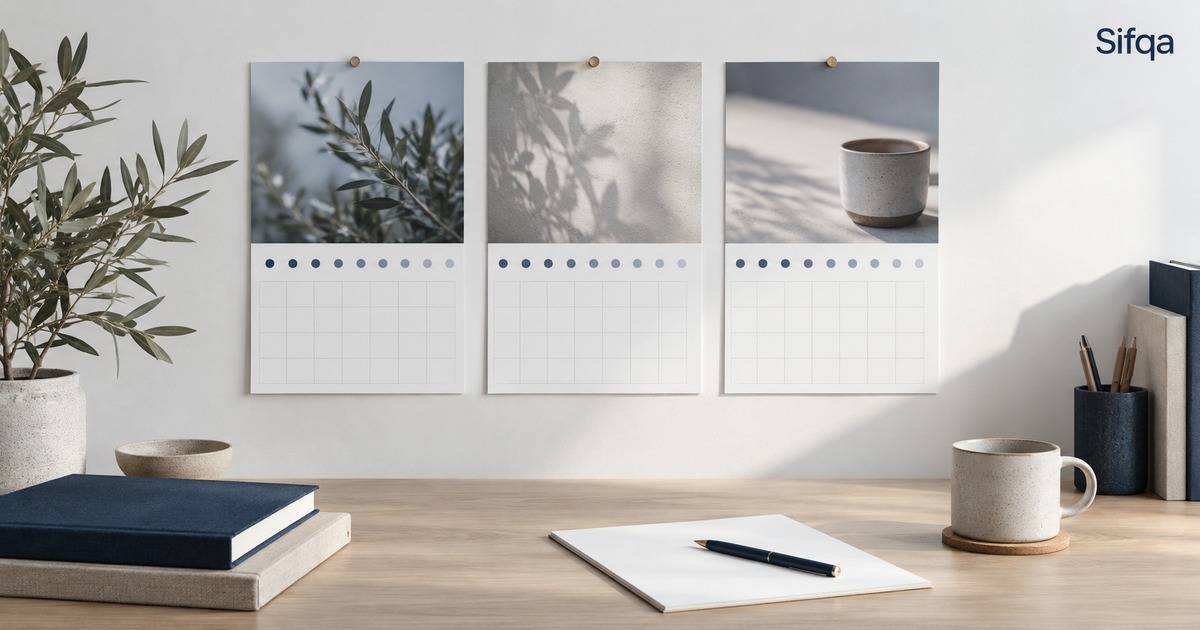 Three blank wall calendars pinned side by side above a desk with a notebook, pen and mug.