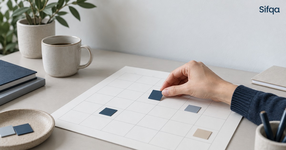 A hand placing small navy paper squares onto a blank grid calendar on a desk, next to a mug and notebooks.