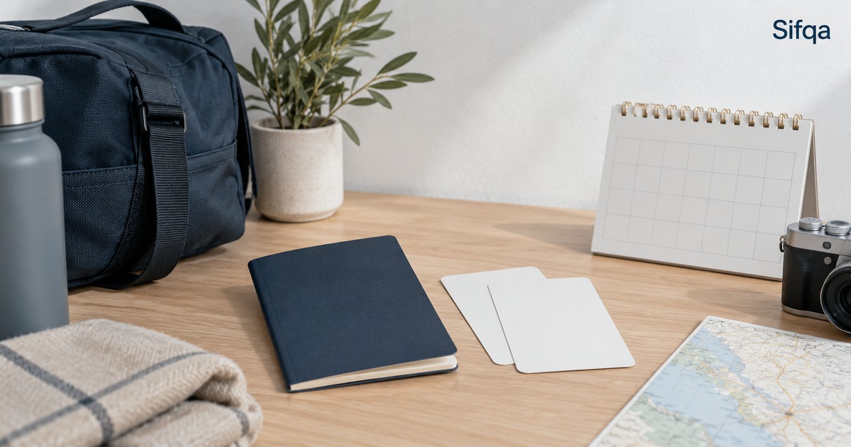A packed travel bag, notebook, camera, blank calendar and folded map arranged on a wooden table.
