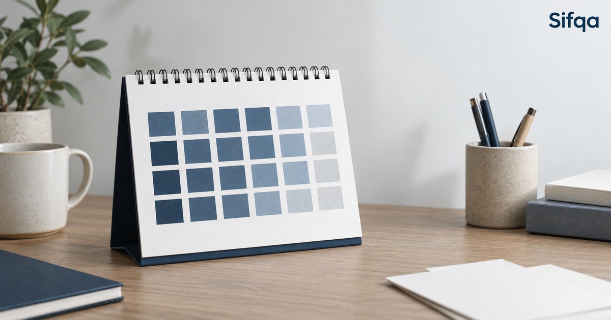 A blank desk calendar on a wooden table showing a grid of blue squares, beside a mug, pens and notebooks.