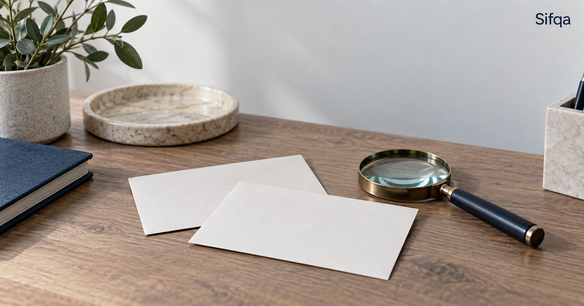 Two blank cards on a wooden desk beside a magnifying glass, a notebook and a pen pot.