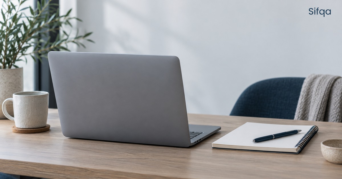 An open laptop seen from behind on a wooden desk, with a notepad, pen and coffee mug beside it.