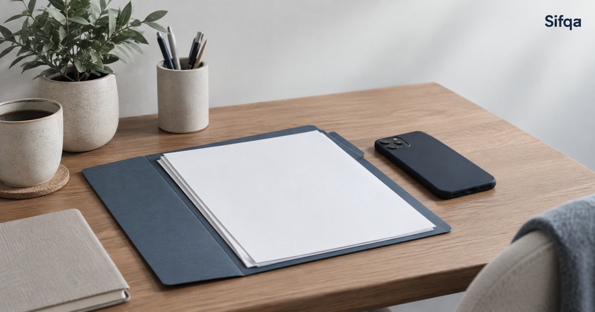 An open navy folder holding blank sheets on a wooden desk, with a phone, a pen pot and a coffee cup.