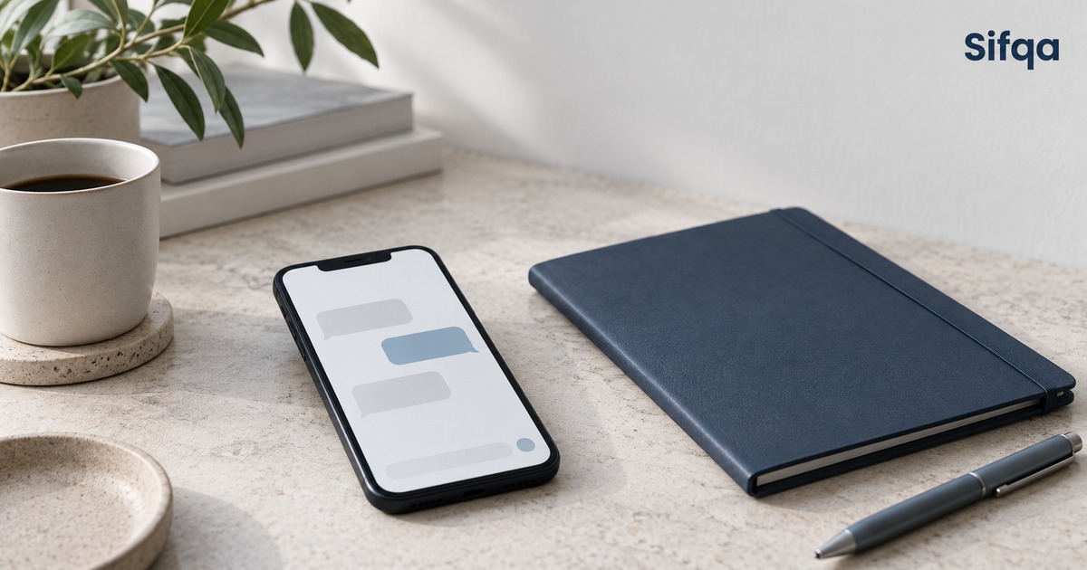 A smartphone on a desk showing a blank messaging conversation, beside a closed notebook, a pen and a coffee cup.