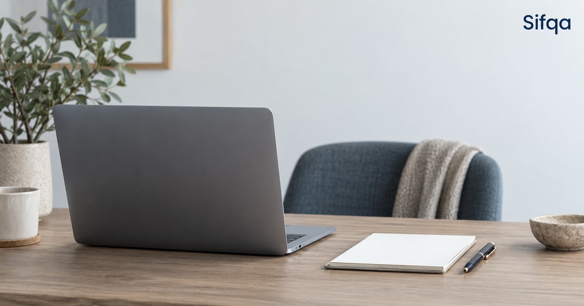 An open laptop on a wooden desk beside a closed notebook and a pen, with a chair behind.