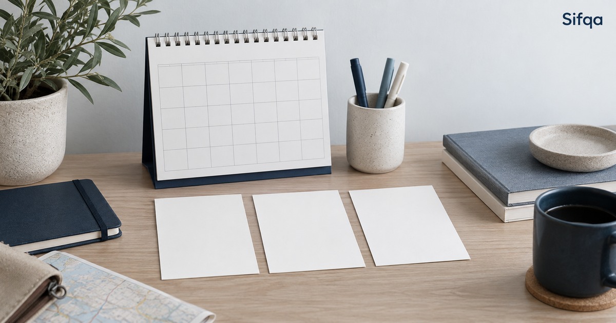 Three blank cards laid side by side on a desk in front of a blank calendar, with a pen pot, map and mug.