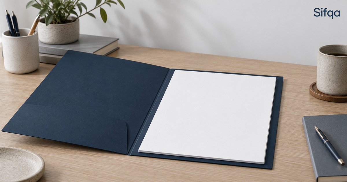 An open navy folder on a wooden desk holding a single blank sheet, with a notebook, pen and mug nearby.