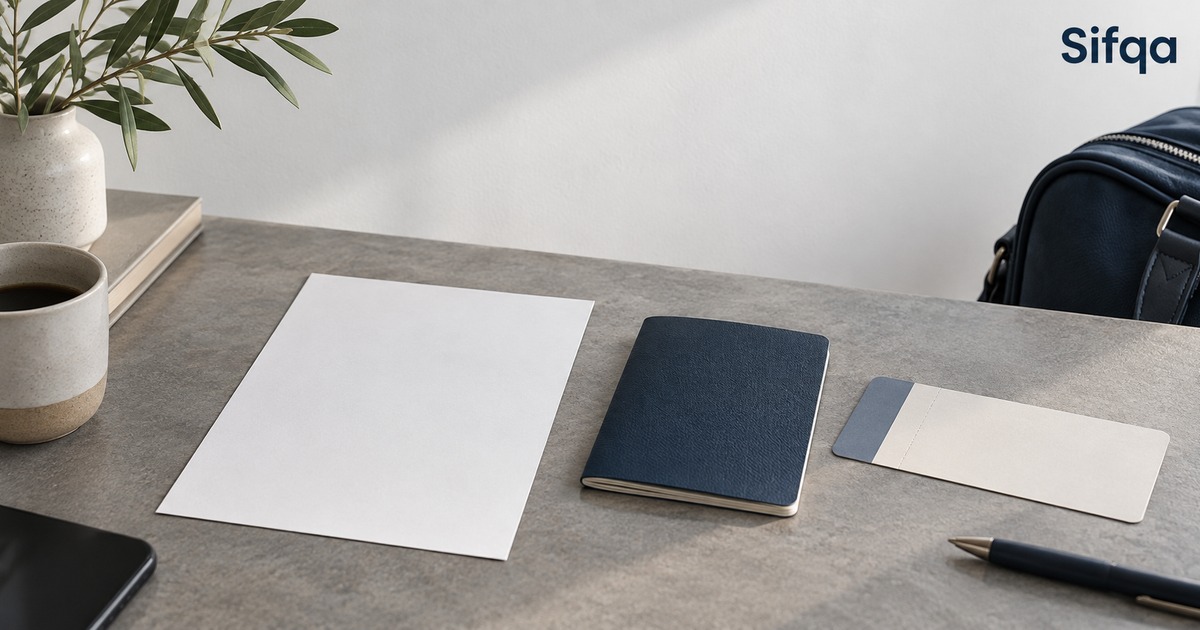 A blank sheet of paper, a navy notebook and a boarding-pass-sized card laid out on a grey desk with a pen.