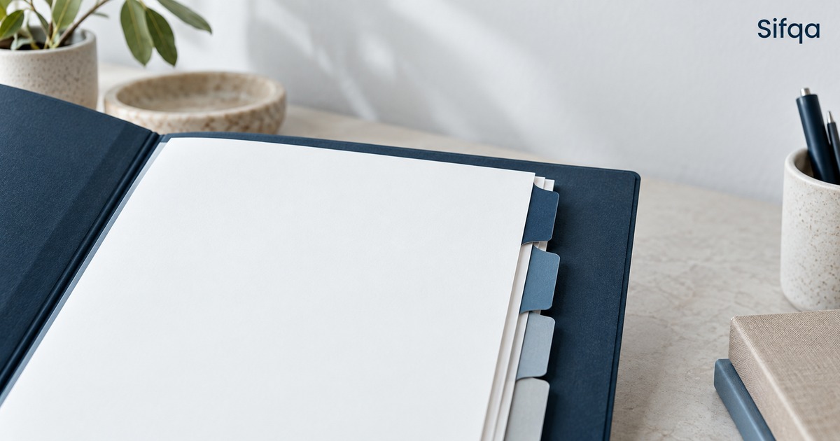 An open navy folder holding blank pages separated by several coloured tabbed dividers.