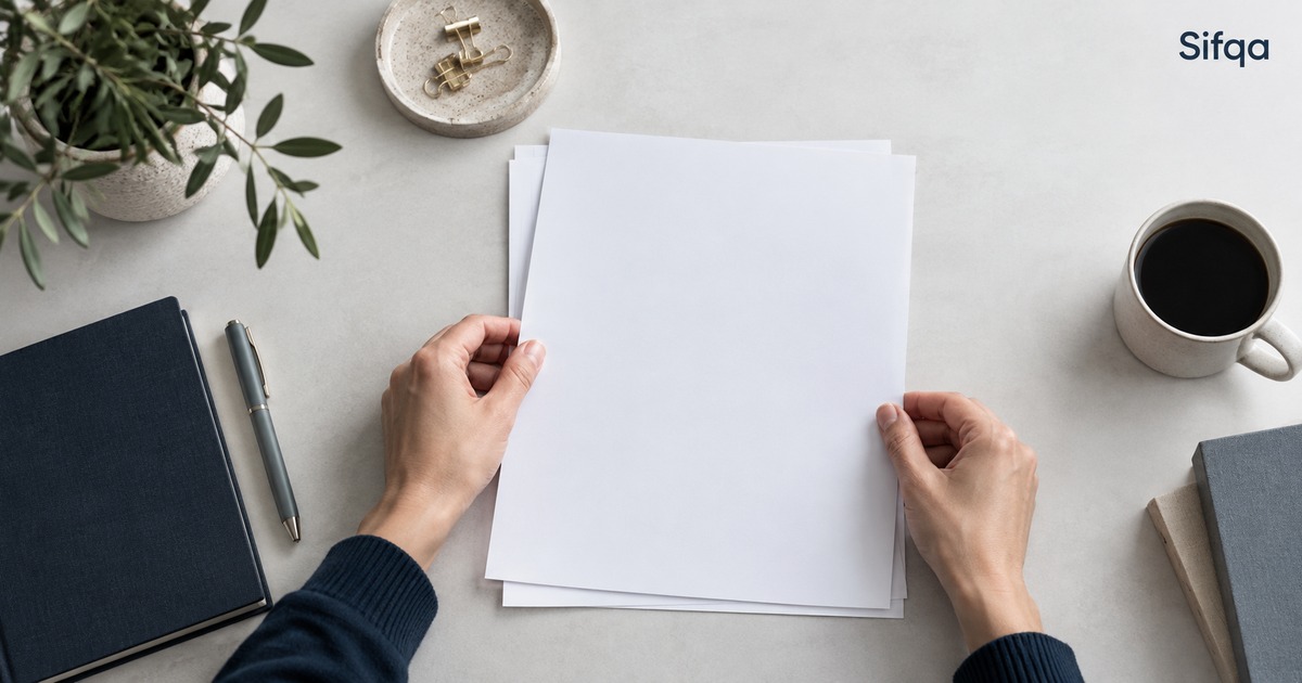 A person squaring up a stack of blank paper on a desk, with binder clips, a pen and coffee nearby.