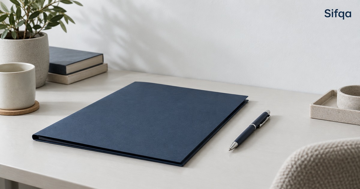 A closed navy document folder lying on a pale desk beside a pen, books and a mug.