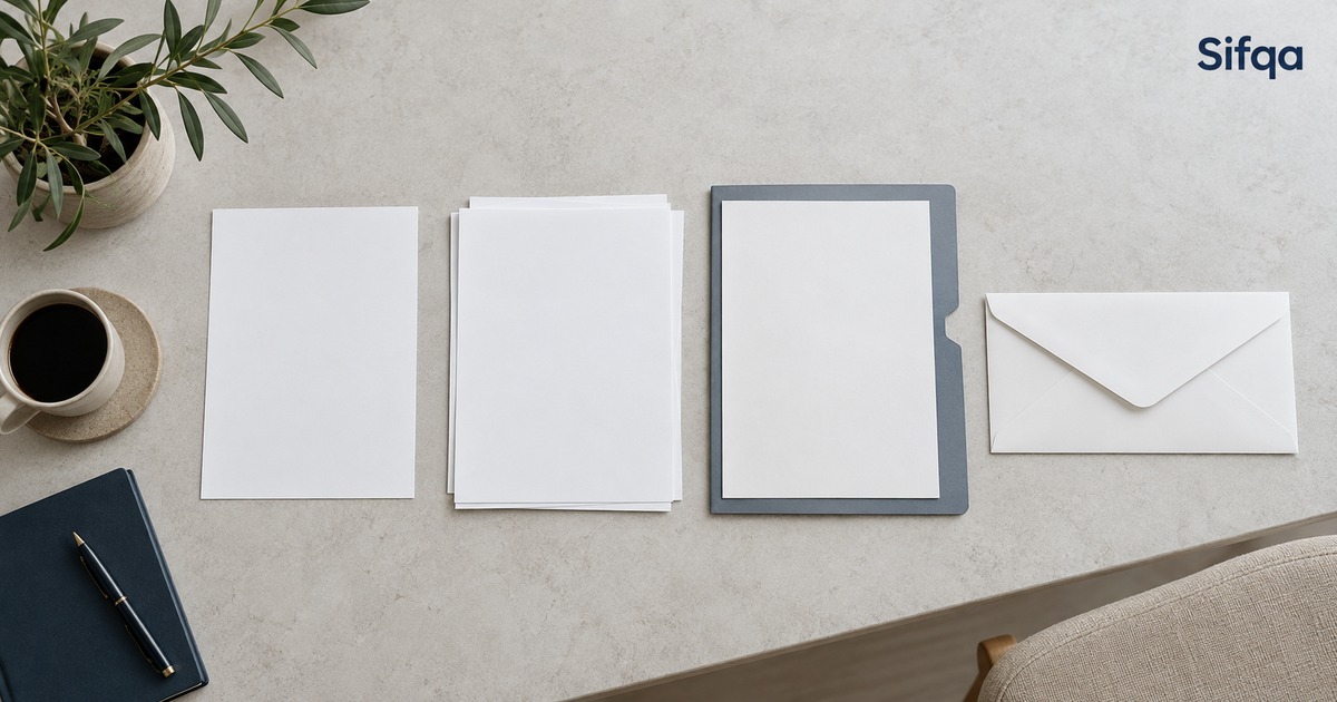 Blank sheets, a stack of paper, a document folder and an envelope laid out in a row on a pale surface.