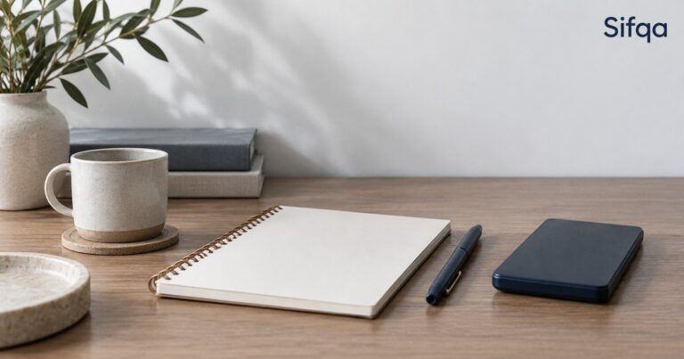 An open blank notebook on a wooden desk with a pen, a phone and a mug of coffee beside it.