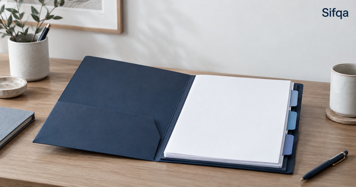 An open navy folder on a wooden desk holding blank sheets separated by blue tabbed dividers.