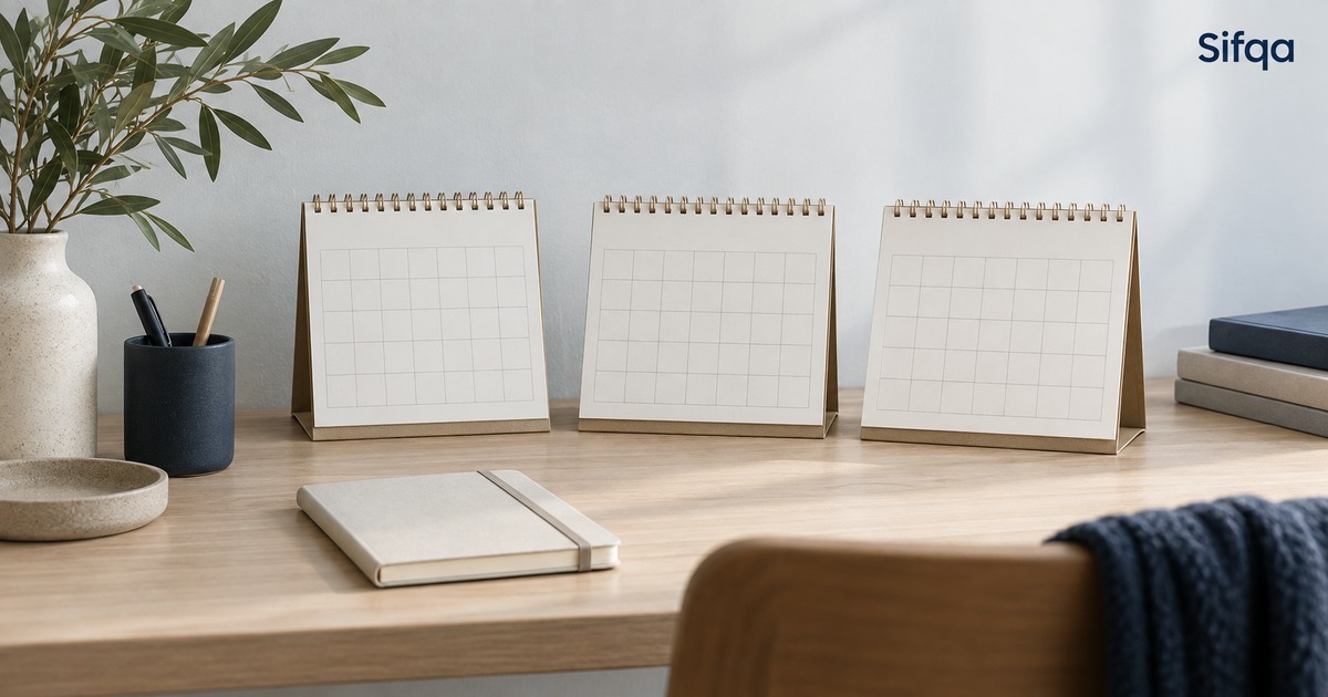Three blank standing calendars side by side on a wooden desk, with a notebook and pen pot.