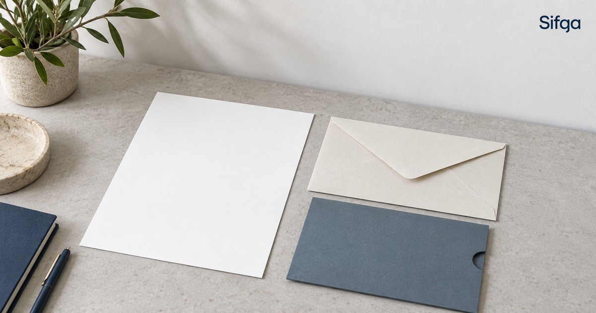 A blank sheet of paper, a cream envelope and a blue document sleeve laid out on a pale surface.