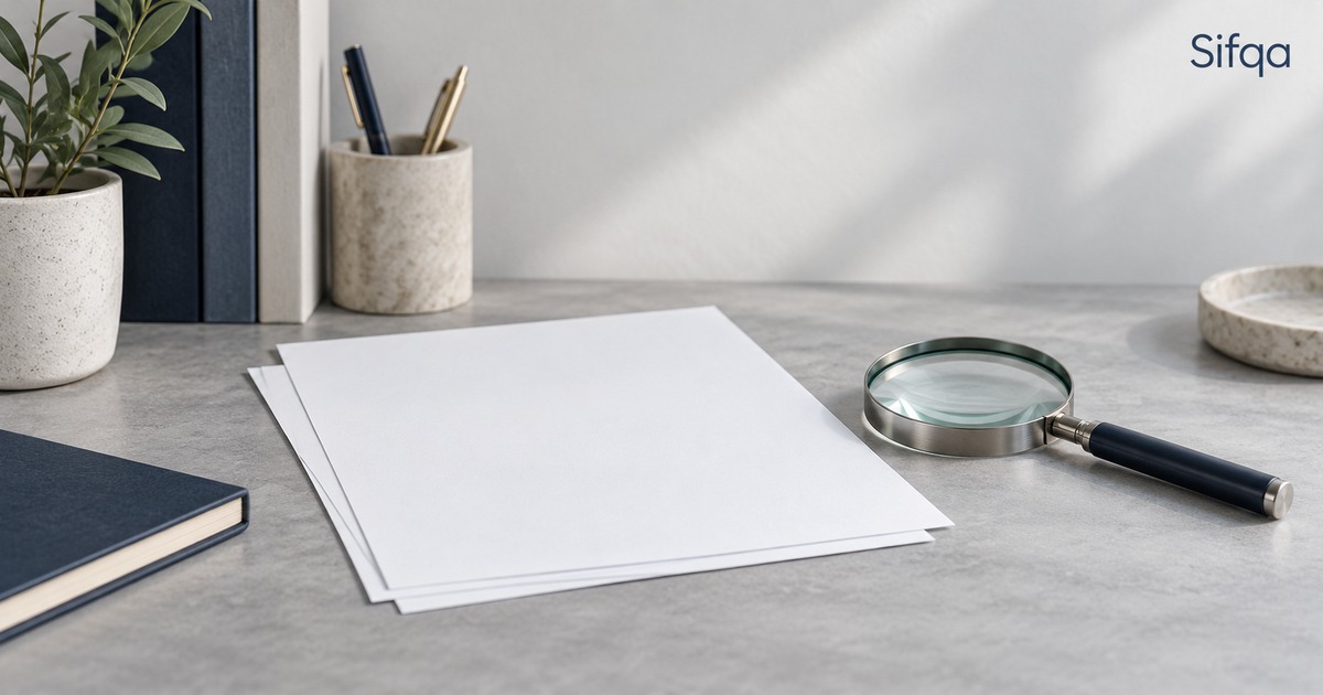 Blank sheets of paper on a grey desk beside a magnifying glass, a pen pot and a notebook.