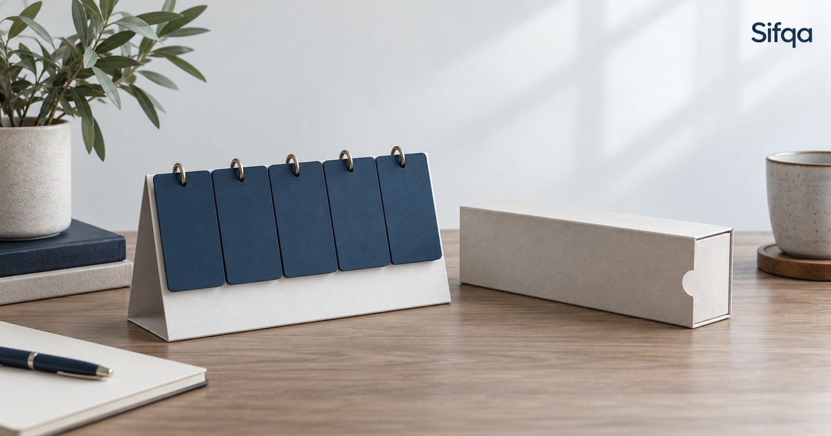 A flip-over desk stand holding five blank navy cards, beside a box, a notebook and a mug.