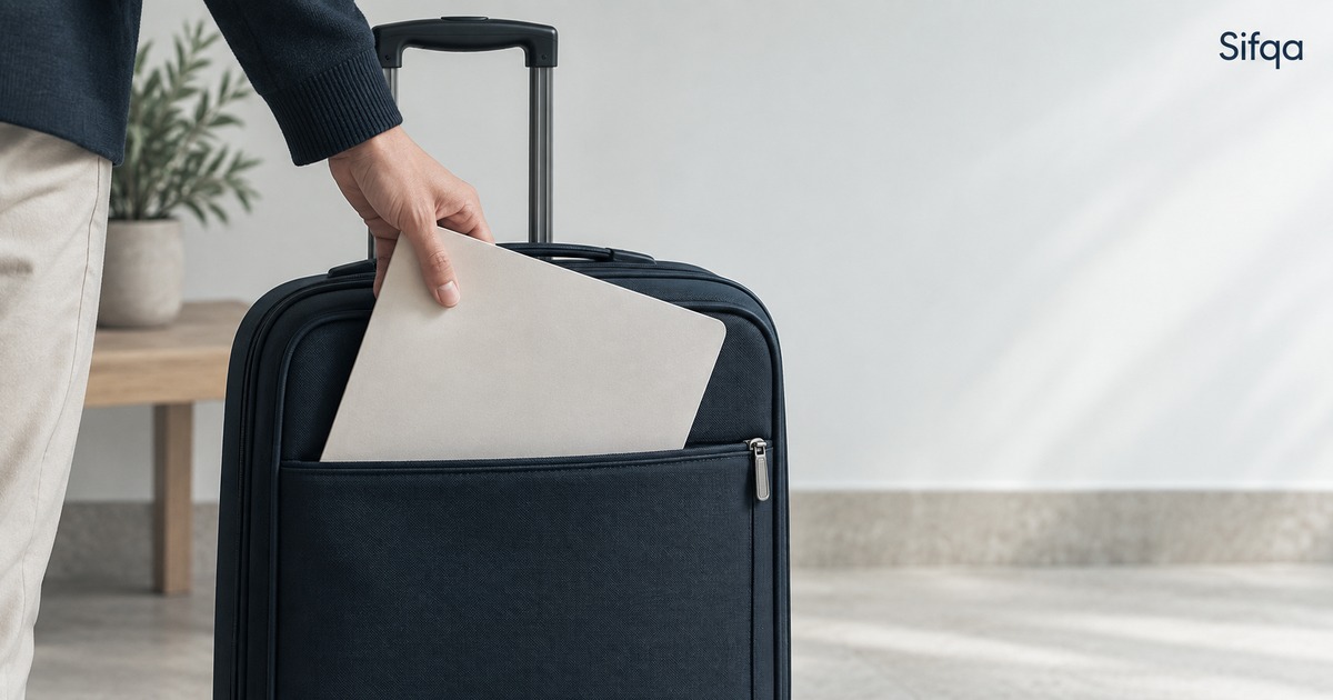 A person slipping a document into the front pocket of a navy suitcase.