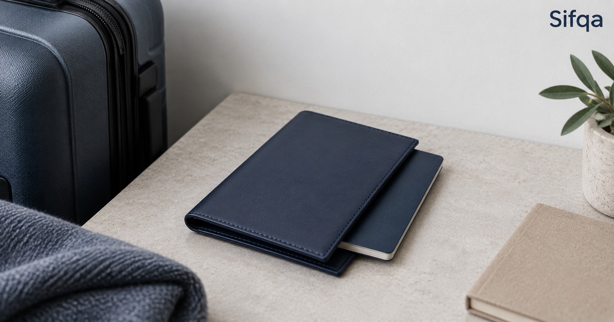 A navy travel document wallet resting on a counter beside a suitcase and a folded scarf.