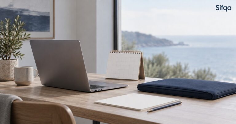 A laptop, blank desk calendar and navy document case on a desk beside a window overlooking the sea.