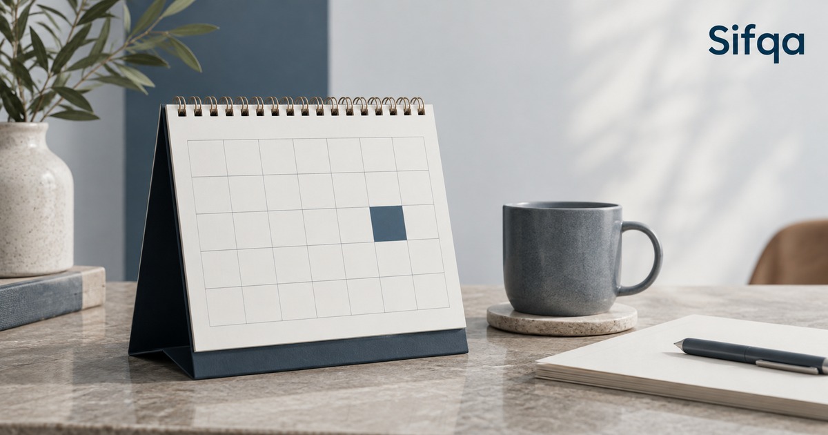 A blank desk calendar with a single day shaded blue, beside a mug and a notepad with a pen.