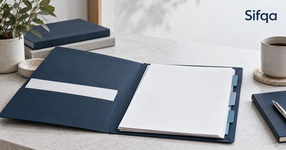 An open navy folder on a pale counter holding blank sheets separated by blue tabbed dividers.