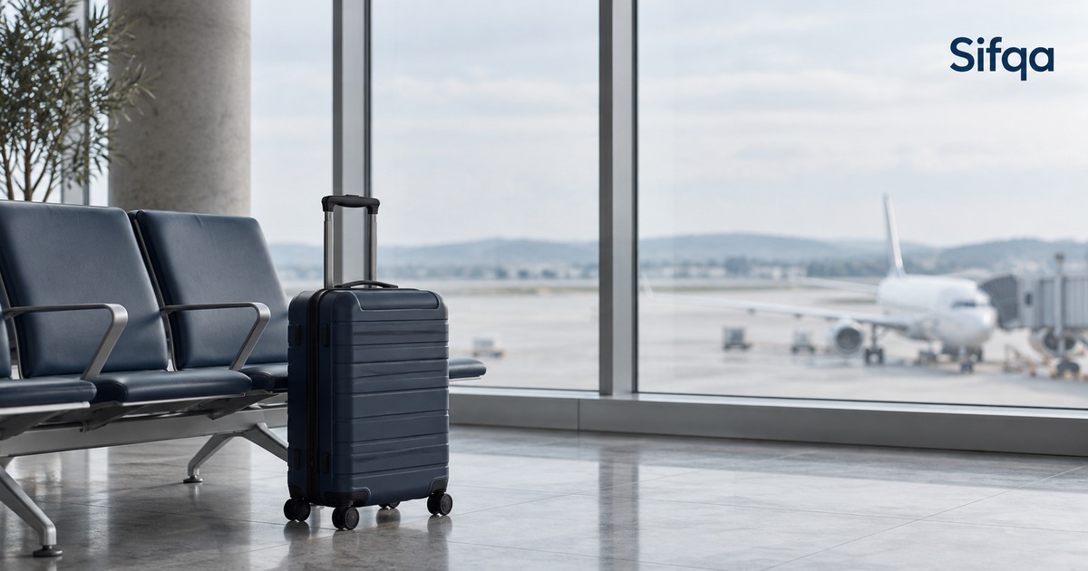 A navy suitcase standing beside empty seats in an airport lounge, with an aircraft at the gate outside.