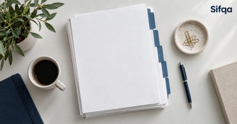 A stack of white documents with blue tabbed dividers on a desk, beside a notebook, a cup of coffee and a pen.