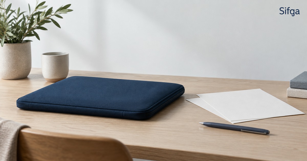 A navy zipped document folder on a wooden desk with two blank sheets of paper and a pen beside it.