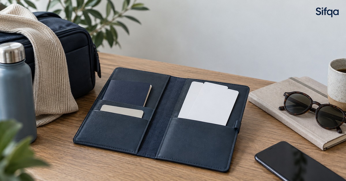 An open navy travel document wallet on a wooden desk, holding a passport and blank cards, next to a notebook and sunglasses.