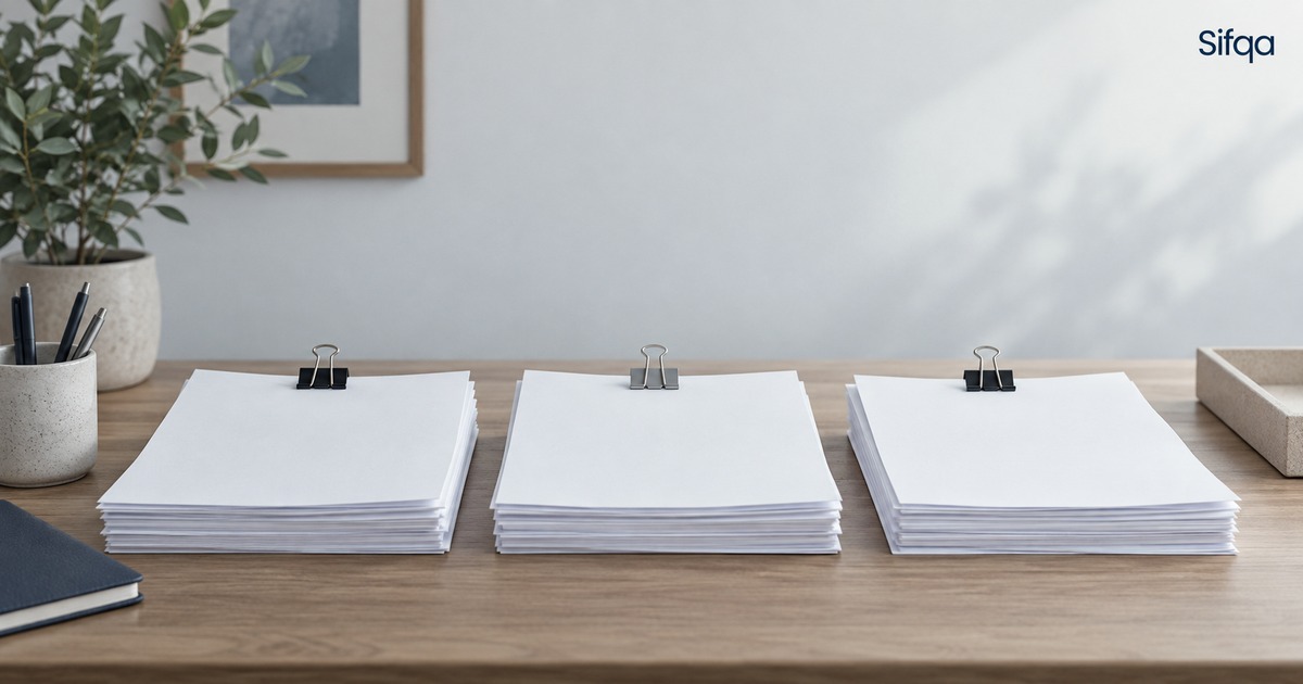 Three separate stacks of white paper held together with binder clips, lined up side by side on a wooden desk.