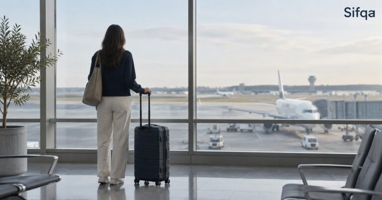 A traveller standing with a suitcase at an airport window, looking out at aircraft on the apron.