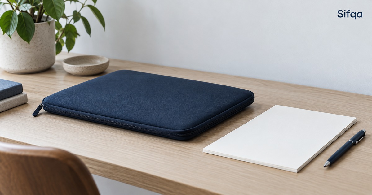 A zipped navy document case on a wooden desk beside a blank notepad and a pen.