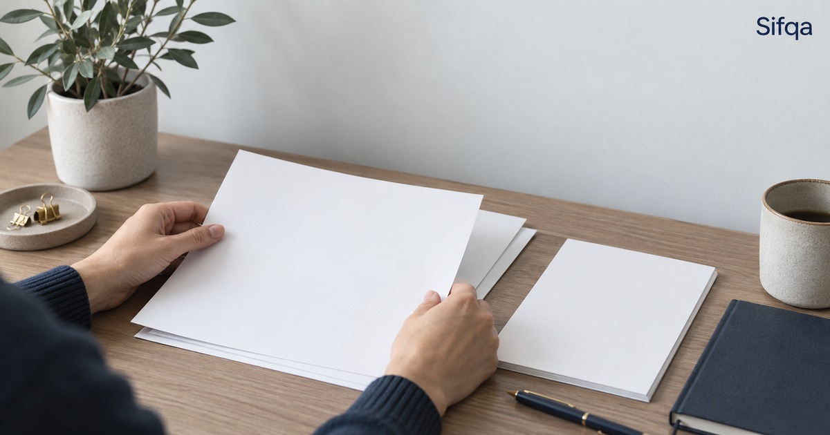 A person sorting blank sheets of paper on a wooden desk, with binder clips, a pen and a notebook nearby.