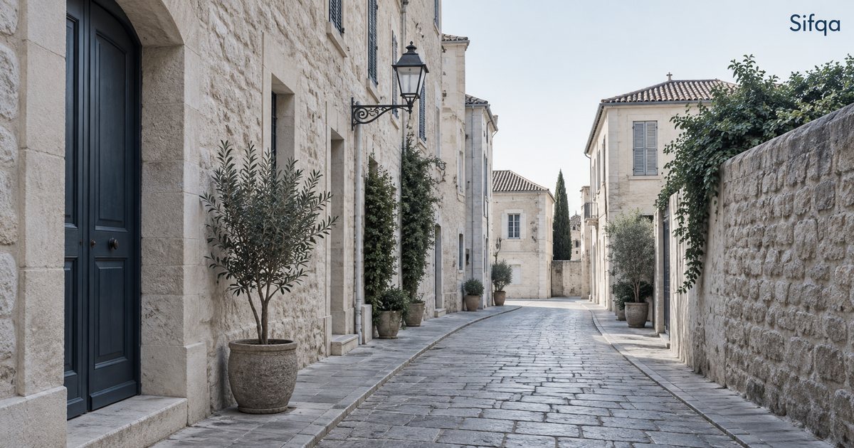 A quiet cobbled street of pale stone buildings with shutters, potted olive trees and a wrought-iron lamp.