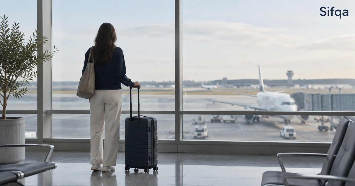 A traveller standing with a suitcase at an airport window, looking out at aircraft on the apron.