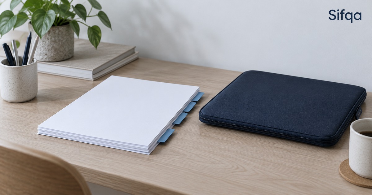 A stack of white paper with blue tabbed dividers next to a zipped navy document case on a wooden desk.