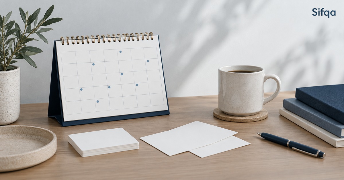 A blank desk calendar with a few days marked by blue dots, beside a coffee mug, blank cards and a pen.