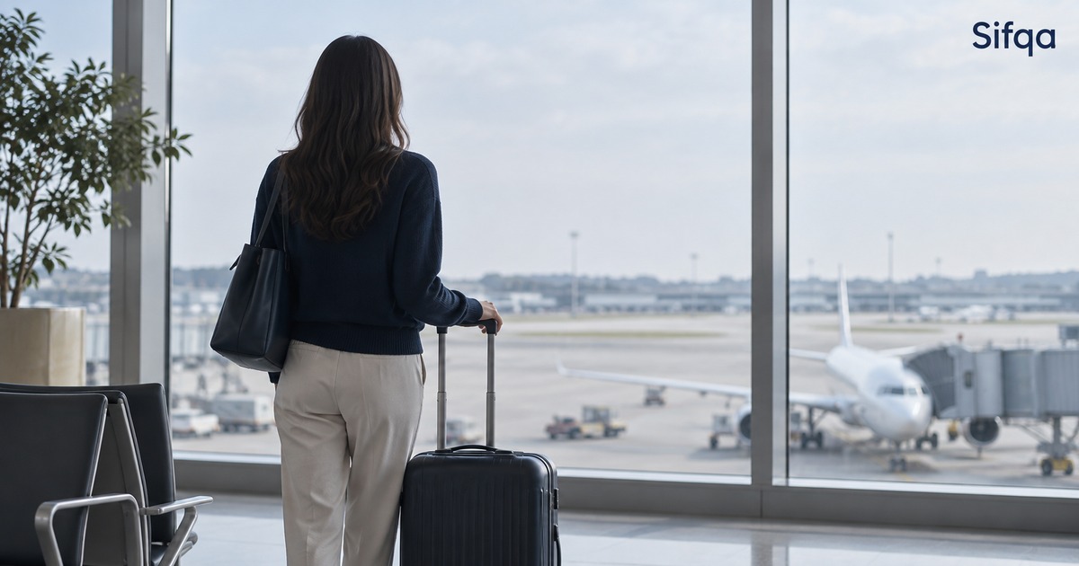 A traveller with a suitcase looking out of an airport window towards an aircraft at the gate.