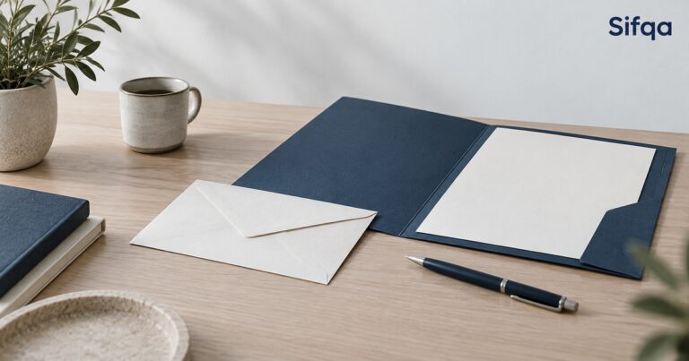 An open navy document folder holding a blank sheet on a wooden desk, with a sealed cream envelope and a pen beside it.