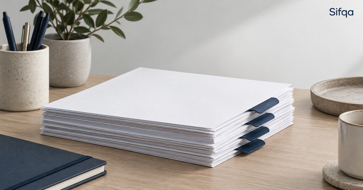 A thick stack of white paper with navy tabbed dividers on a wooden desk, beside a pen pot and a notebook.
