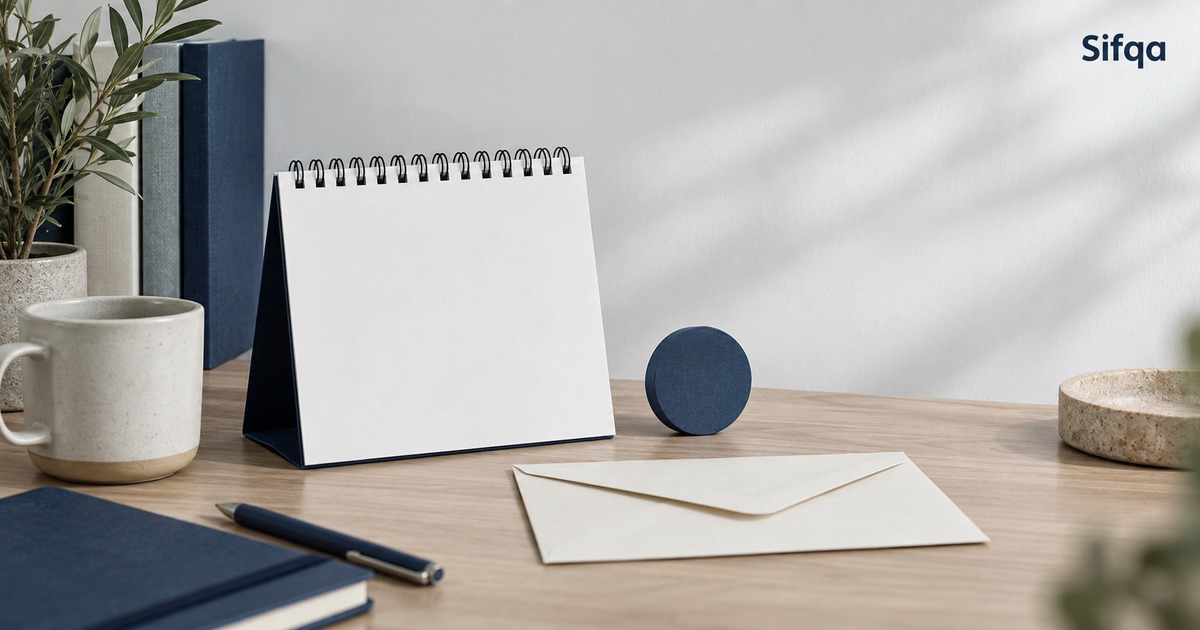 A blank flip-over desk calendar standing on a wooden desk, with an envelope, a pen and a coffee mug nearby.