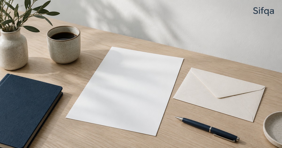 A blank sheet of paper on a wooden desk beside a cream envelope, a pen, a notebook and a cup of coffee.