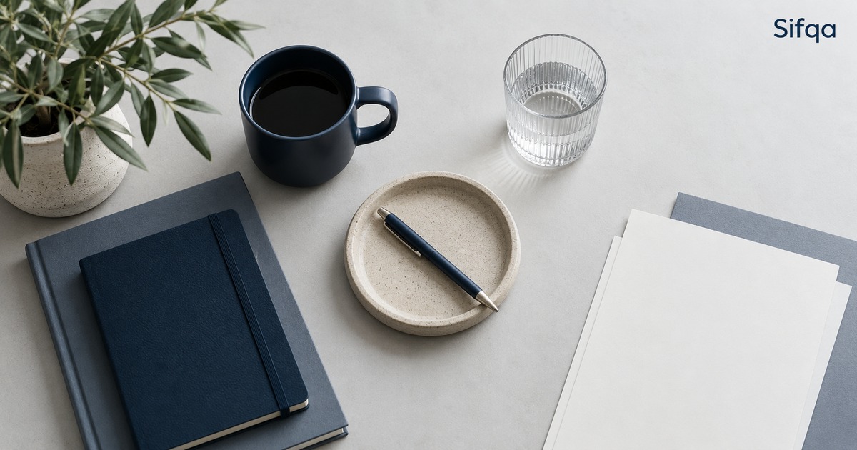 A navy notebook, coffee mug, pen and blank sheets of paper arranged neatly on a grey desk.
