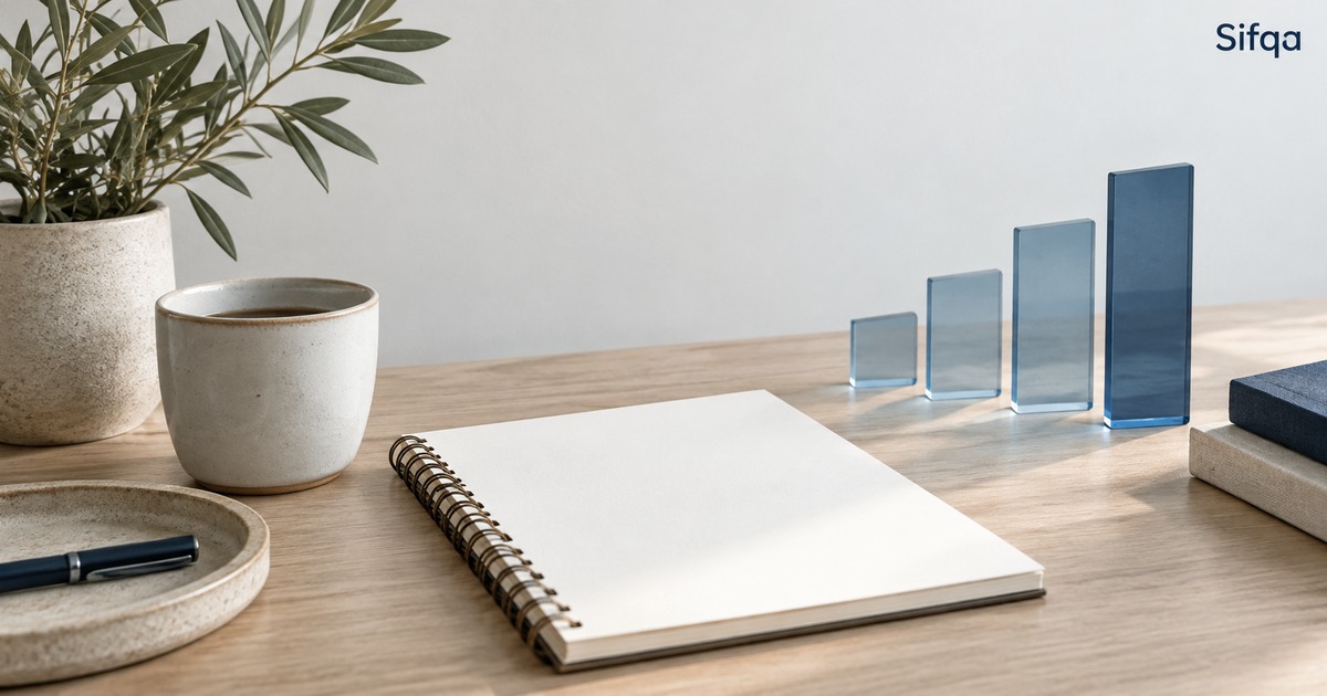 A blank spiral notebook on a desk beside four rising glass blocks arranged like a chart.