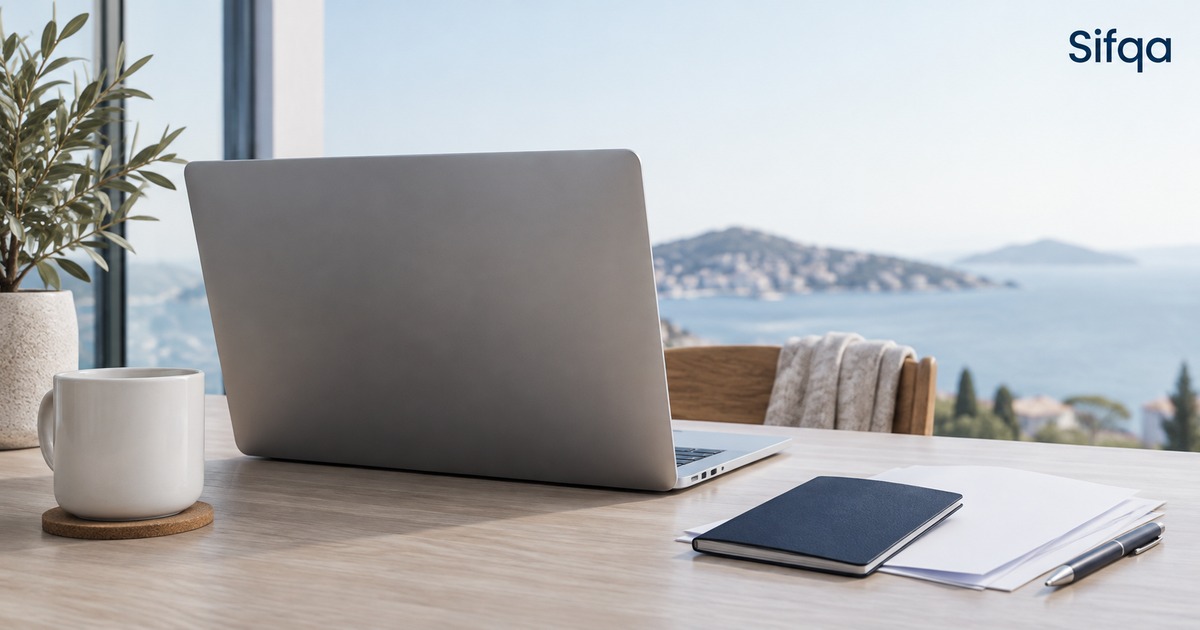 An open laptop on a desk beside a notebook, blank papers and a mug, with a coastal view through the window.